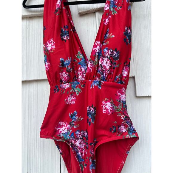 NWOT ModCloth The Lauren Red Floral Plunge Halter One-Piece Swimsuit Size XL - Picture 5 of 11